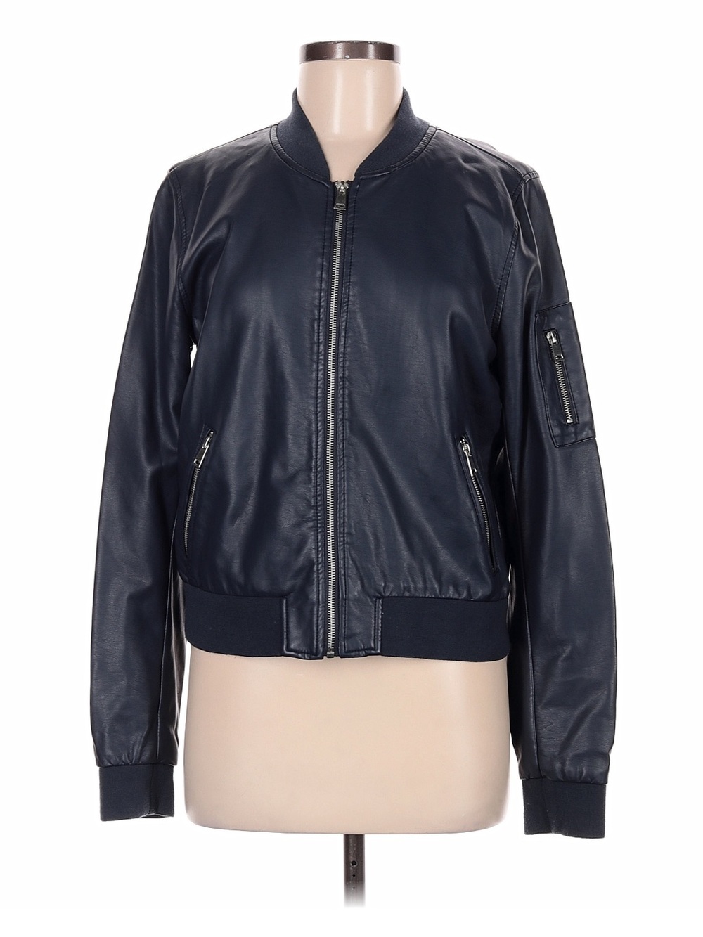 Sebby Collection Dark Navy Faux Leather Moto Bomber Jacket. size M